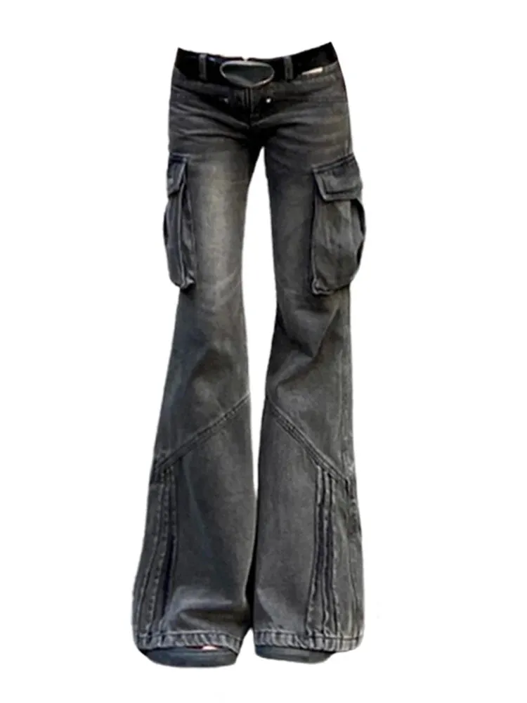 Girlary 2024 American Retro Bell Bottoms Washed Black Low Waist Slim Flare Jeans Women Fashion Cozy Denim Trousers Hiphop High Street