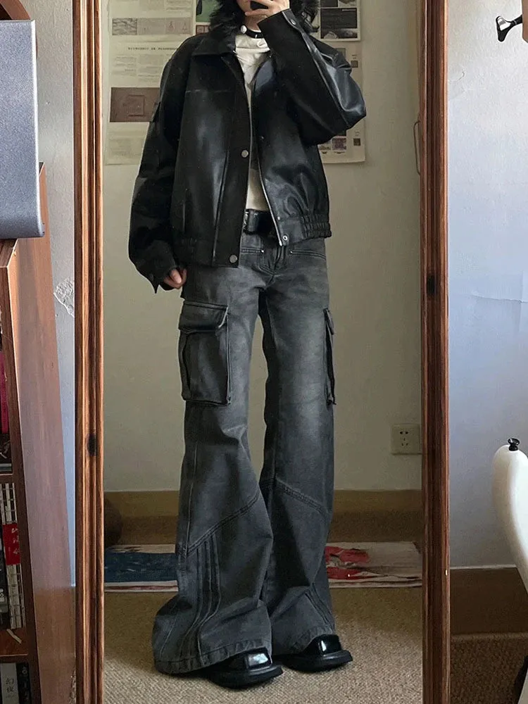 Girlary 2024 American Retro Bell Bottoms Washed Black Low Waist Slim Flare Jeans Women Fashion Cozy Denim Trousers Hiphop High Street