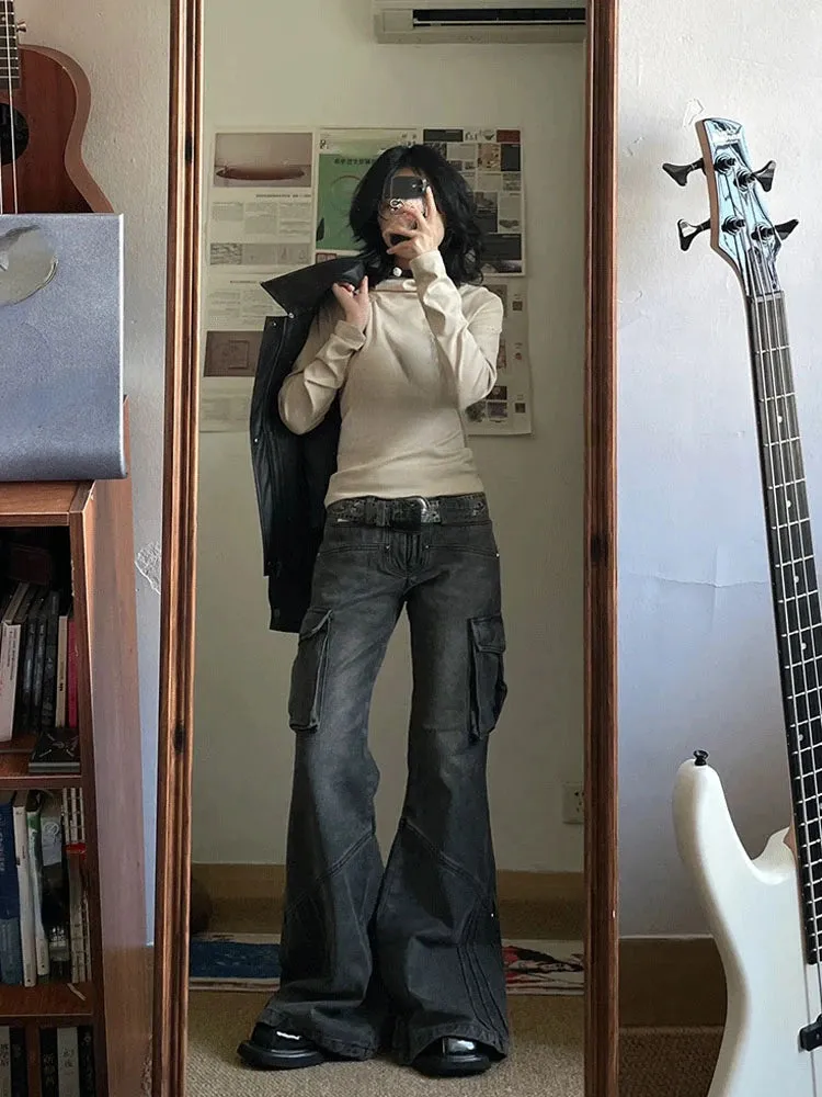 Girlary 2024 American Retro Bell Bottoms Washed Black Low Waist Slim Flare Jeans Women Fashion Cozy Denim Trousers Hiphop High Street