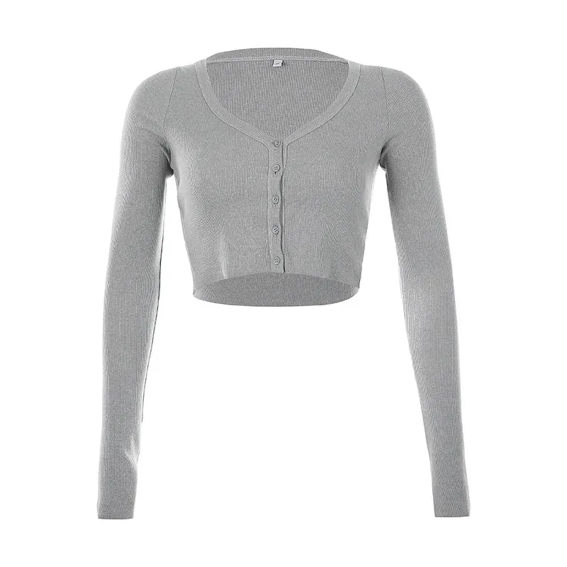 Girlary Fall Women Cardigan Long Sleeve Slim V-neck Button Up Crop Knit Cardigan Casual Streetwear Winter Missnight