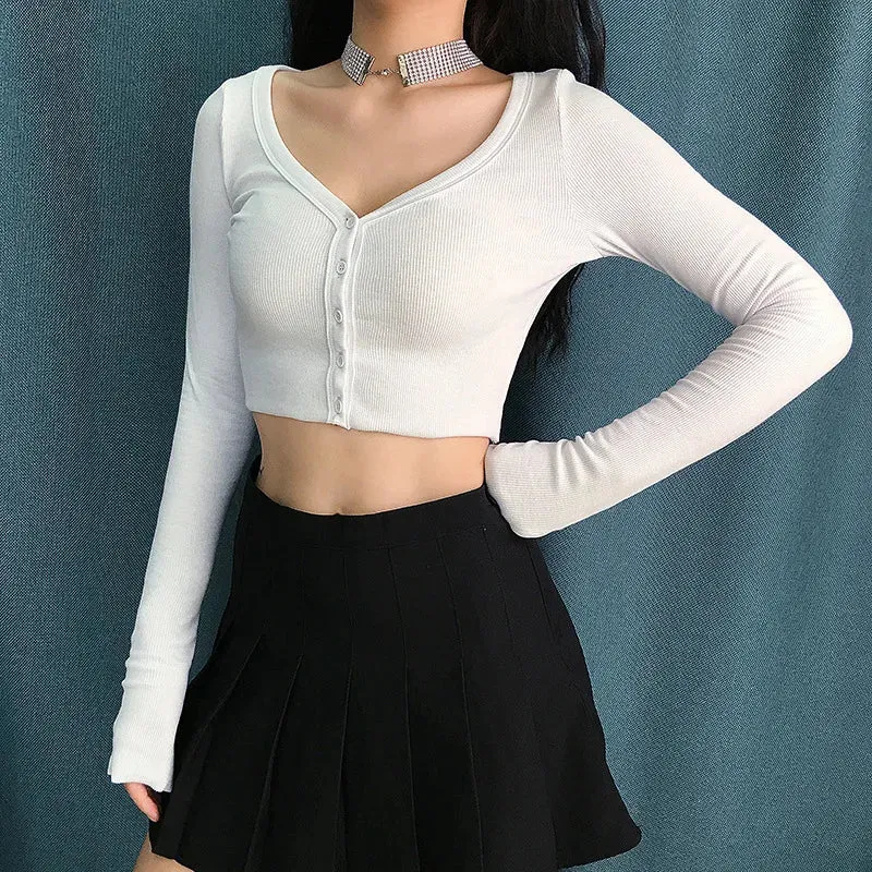 Girlary Fall Women Cardigan Long Sleeve Slim V-neck Button Up Crop Knit Cardigan Casual Streetwear Winter Missnight