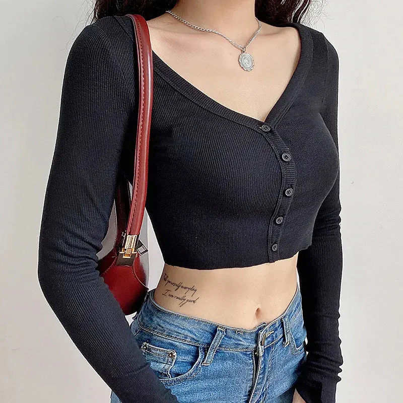 Girlary Fall Women Cardigan Long Sleeve Slim V-neck Button Up Crop Knit Cardigan Casual Streetwear Winter Missnight