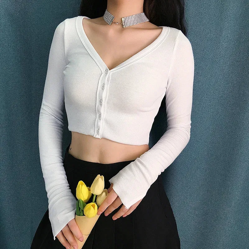 Girlary Fall Women Cardigan Long Sleeve Slim V-neck Button Up Crop Knit Cardigan Casual Streetwear Winter Missnight