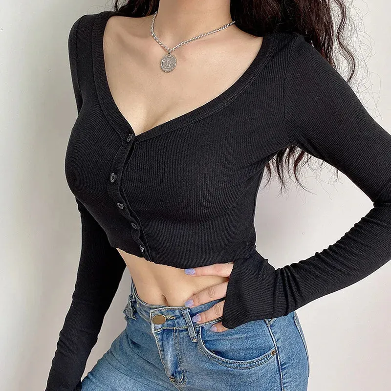 Girlary Fall Women Cardigan Long Sleeve Slim V-neck Button Up Crop Knit Cardigan Casual Streetwear Winter Missnight