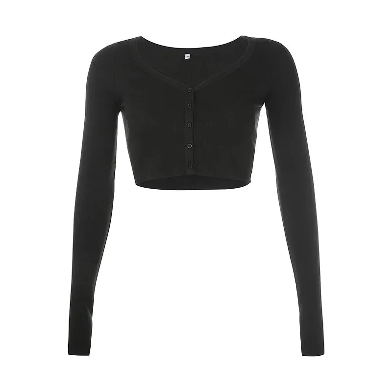 Girlary Fall Women Cardigan Long Sleeve Slim V-neck Button Up Crop Knit Cardigan Casual Streetwear Winter Missnight
