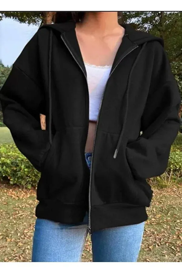Gofeel Women's Black Streetwear Zippered Harajuku Hooded Cardigan