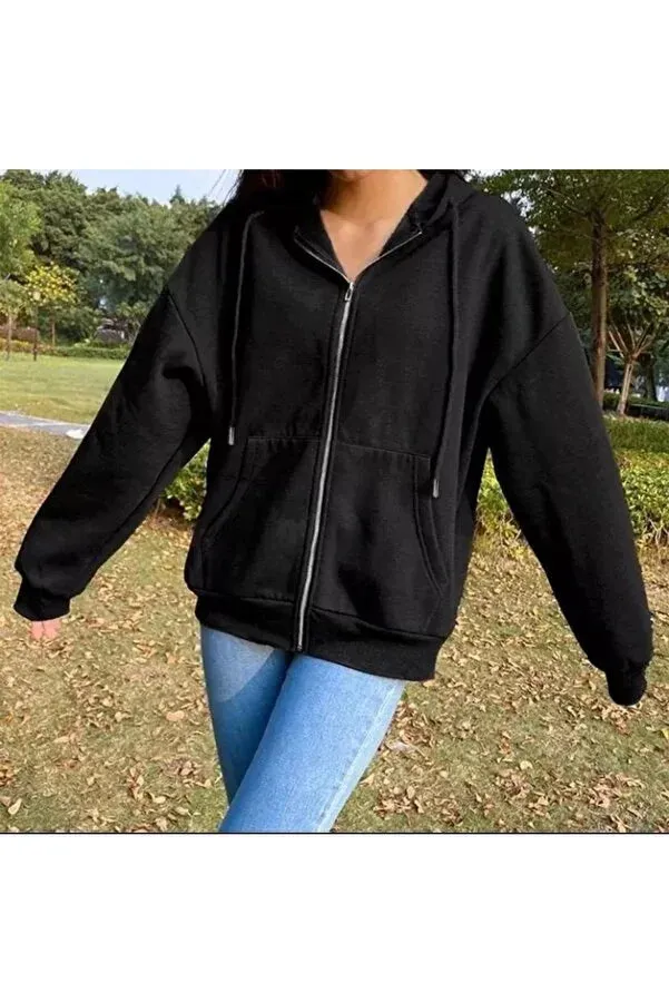 Gofeel Women's Black Streetwear Zippered Harajuku Hooded Cardigan