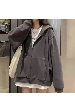 Gofeel Women's Smoked Streetwear Zippered Harajuku Hooded Cardigan