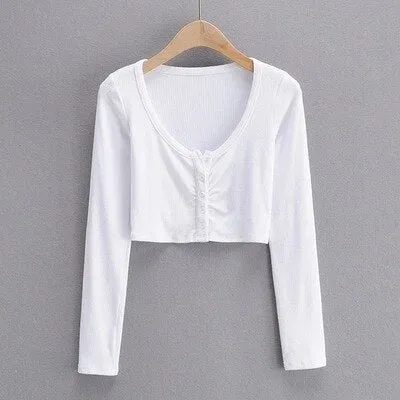 Graduation Gifts  Hot Girl Open Navel Solid Color Tight Tops Autumn Long Sleeve V-neck Pleated Short Cardigan For Women M6EK