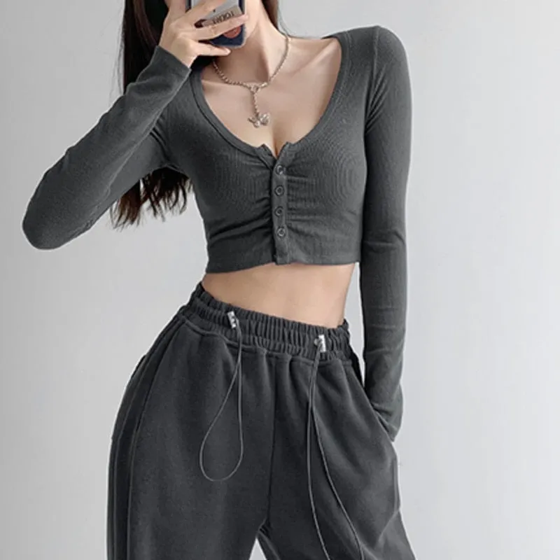 Graduation Gifts  Hot Girl Open Navel Solid Color Tight Tops Autumn Long Sleeve V-neck Pleated Short Cardigan For Women M6EK