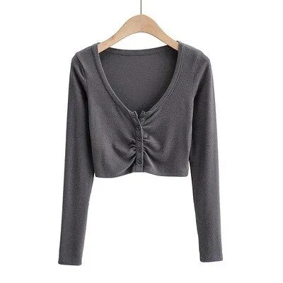 Graduation Gifts  Hot Girl Open Navel Solid Color Tight Tops Autumn Long Sleeve V-neck Pleated Short Cardigan For Women M6EK