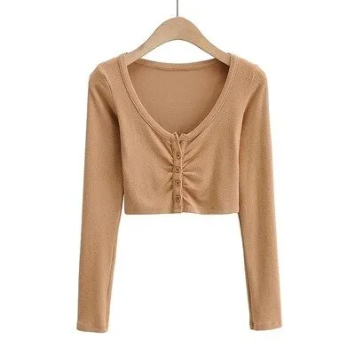 Graduation Gifts  Hot Girl Open Navel Solid Color Tight Tops Autumn Long Sleeve V-neck Pleated Short Cardigan For Women M6EK