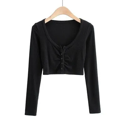 Graduation Gifts  Hot Girl Open Navel Solid Color Tight Tops Autumn Long Sleeve V-neck Pleated Short Cardigan For Women M6EK