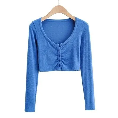 Graduation Gifts  Hot Girl Open Navel Solid Color Tight Tops Autumn Long Sleeve V-neck Pleated Short Cardigan For Women M6EK