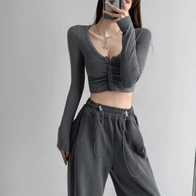 Graduation Gifts  Hot Girl Open Navel Solid Color Tight Tops Autumn Long Sleeve V-neck Pleated Short Cardigan For Women M6EK