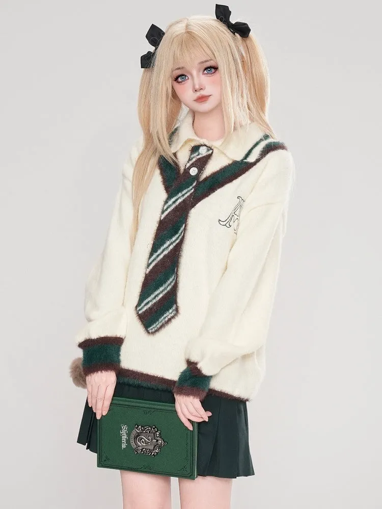 Grey/White Polo Collar Preppy Style Sweater with Free Knit Tie