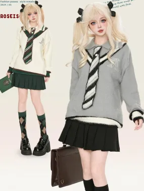 Grey/White Polo Collar Preppy Style Sweater with Free Knit Tie