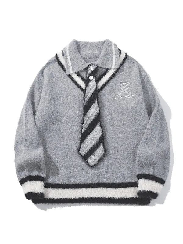 Grey/White Polo Collar Preppy Style Sweater with Free Knit Tie