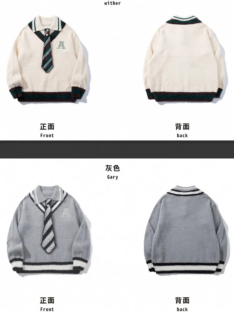 Grey/White Polo Collar Preppy Style Sweater with Free Knit Tie
