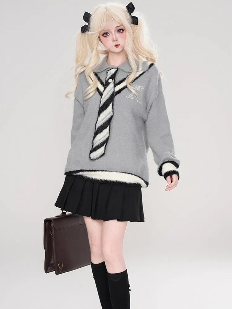 Grey/White Polo Collar Preppy Style Sweater with Free Knit Tie