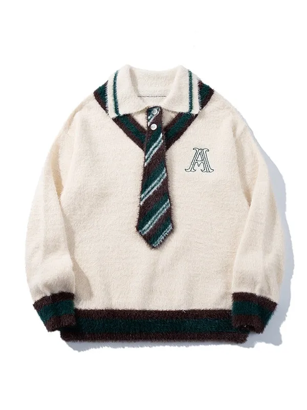 Grey/White Polo Collar Preppy Style Sweater with Free Knit Tie