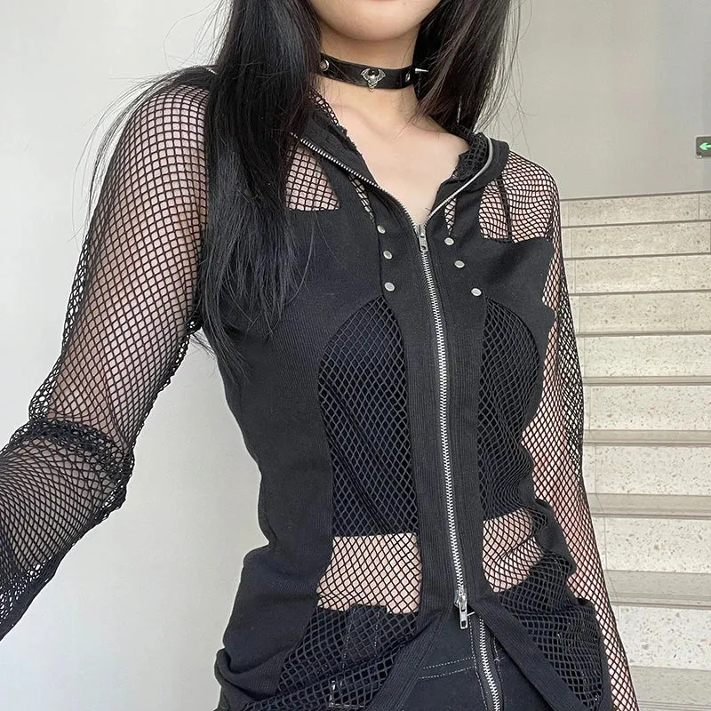 Harajuku Gothic Rivet Fishnet Top Cardigan Zip Up Streetwear Party T shirt for Women Hollow Out Dark Academia Outfits