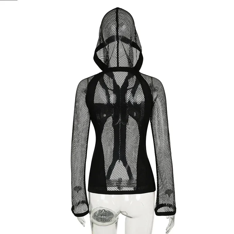 Harajuku Gothic Rivet Fishnet Top Cardigan Zip Up Streetwear Party T shirt for Women Hollow Out Dark Academia Outfits