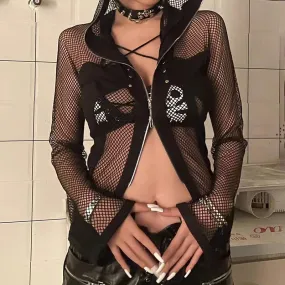 Harajuku Gothic Rivet Fishnet Top Cardigan Zip Up Streetwear Party T shirt for Women Hollow Out Dark Academia Outfits
