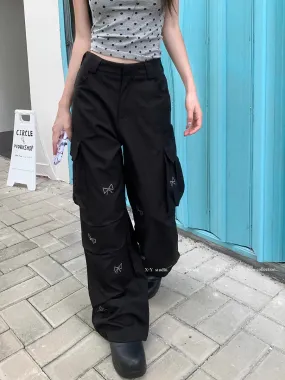 High Korean Multi-Pocket Waist Casual Diamond Straight Hot Y2k Street Bow Fashion Leg Pants