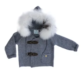 Honeycomb Grey Cashmere Pram Coat with White Print Trim