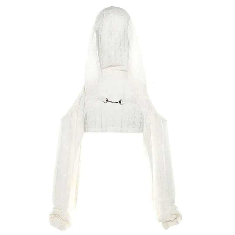 Hooded Hollow Shoulderless Top Cardigan Streetwear Black White Knit Long Sleeve Shirts for Women Autumn 2023 P94-CG23