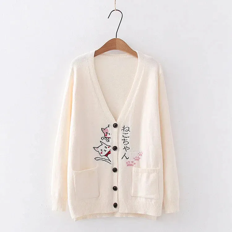 Japanese Cartoon Cat Letter Print Cardigan Sweater Shirt Denim Pants Set