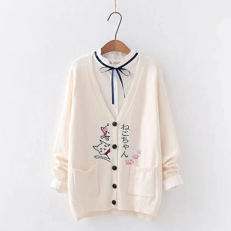 Japanese Cartoon Cat Letter Print Cardigan Sweater Shirt Denim Pants Set