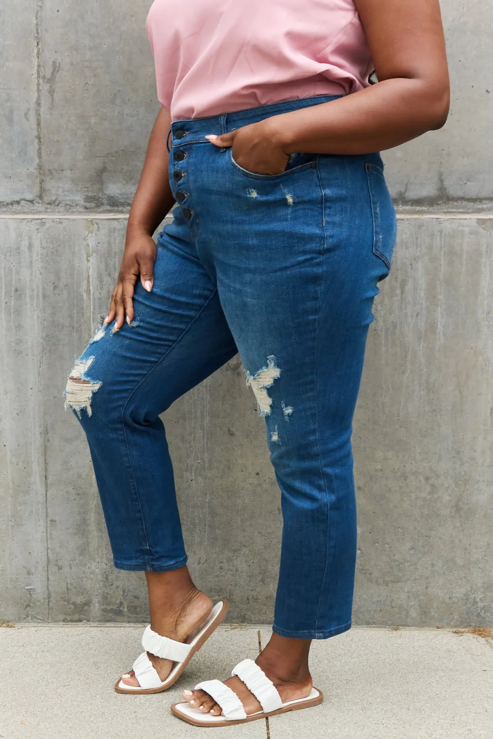 Judy Blue, High Waist Zigzag and Button Fly Destroyed Boyfriend Jeans