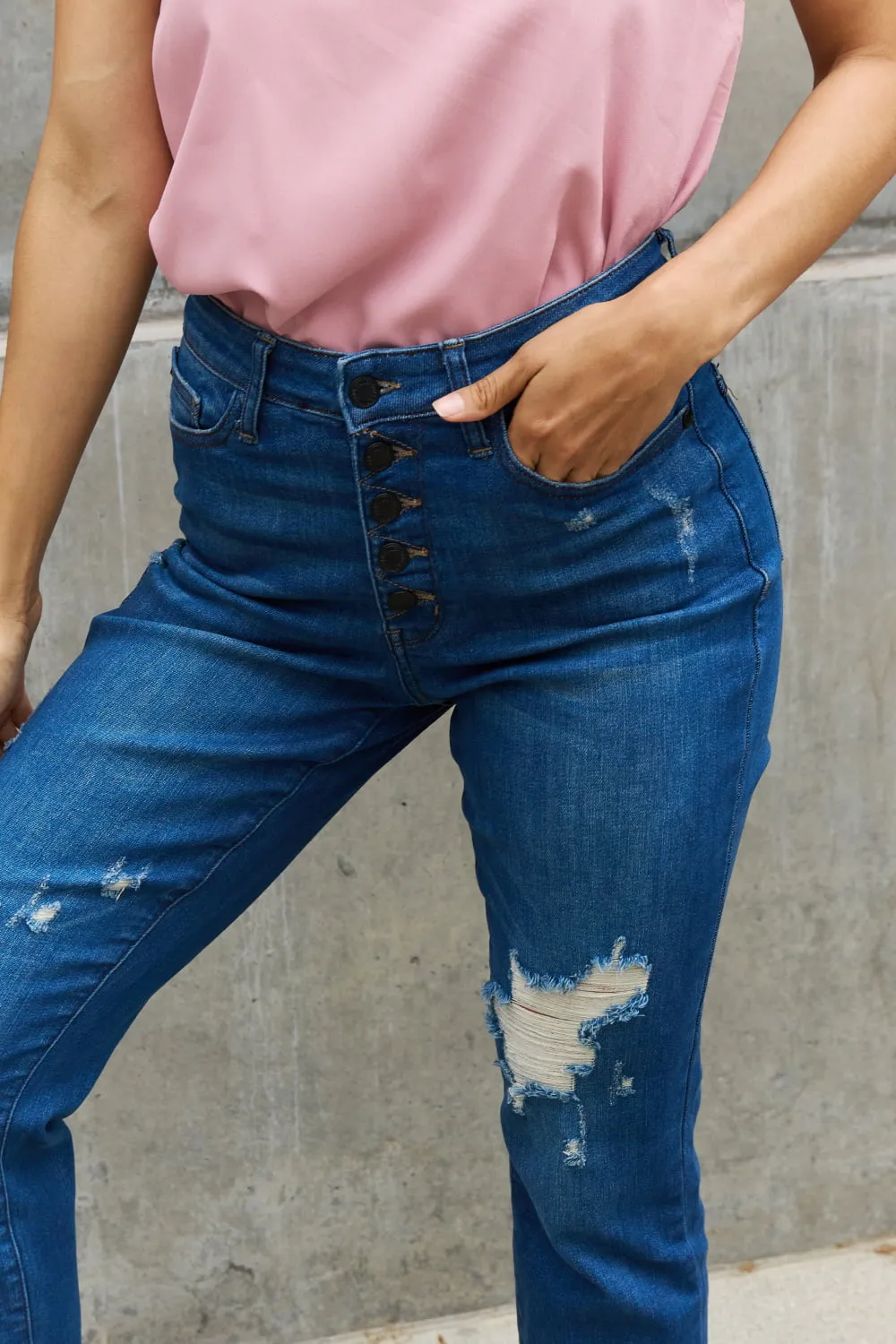 Judy Blue, High Waist Zigzag and Button Fly Destroyed Boyfriend Jeans