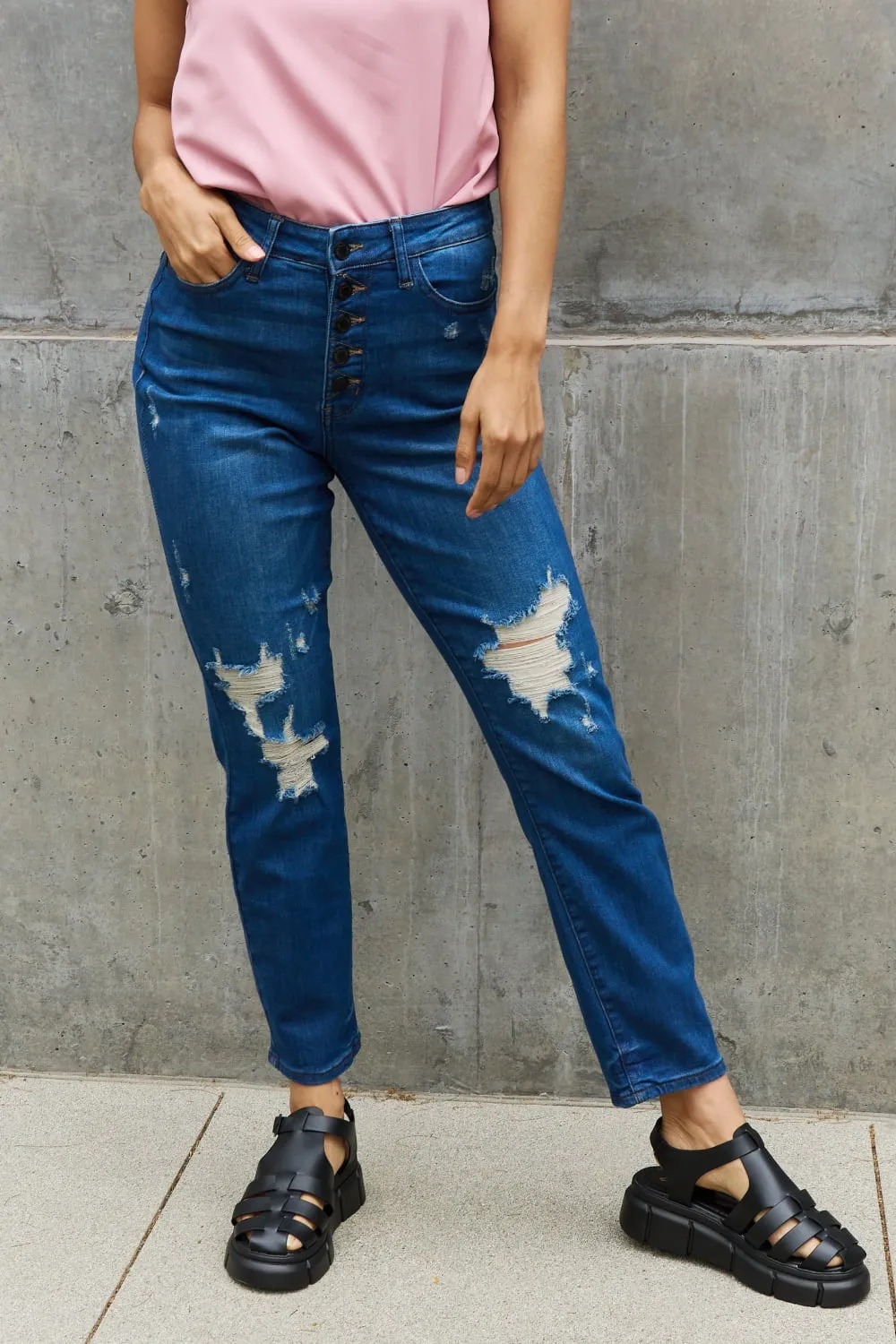 Judy Blue, High Waist Zigzag and Button Fly Destroyed Boyfriend Jeans