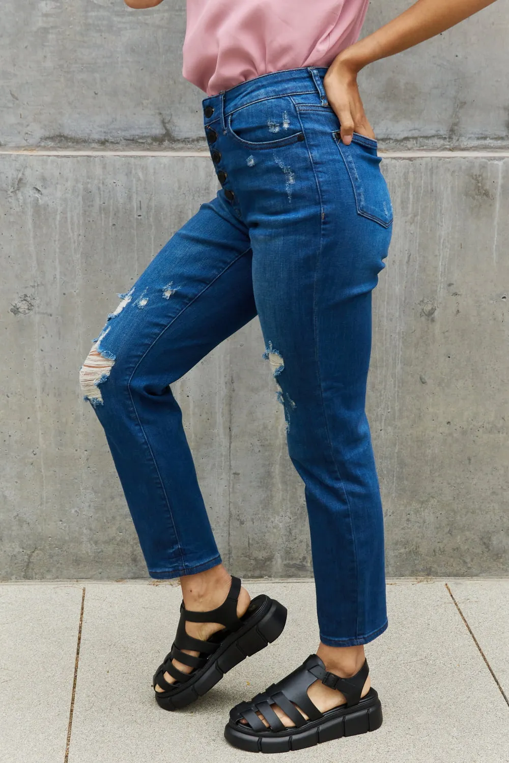 Judy Blue, High Waist Zigzag and Button Fly Destroyed Boyfriend Jeans