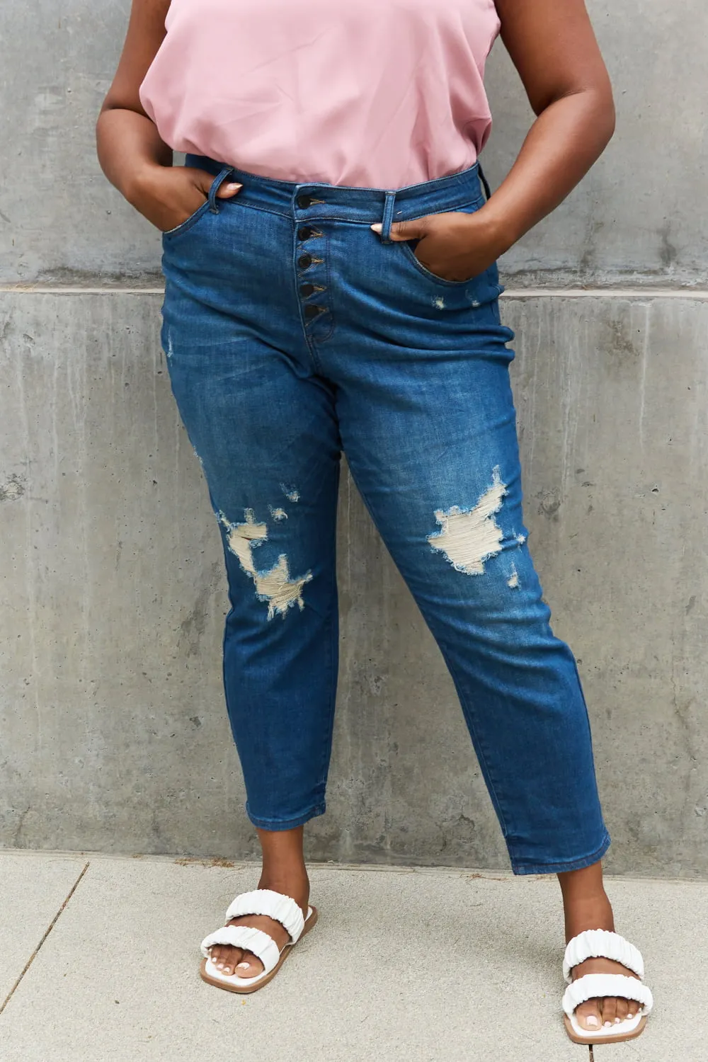 Judy Blue, High Waist Zigzag and Button Fly Destroyed Boyfriend Jeans