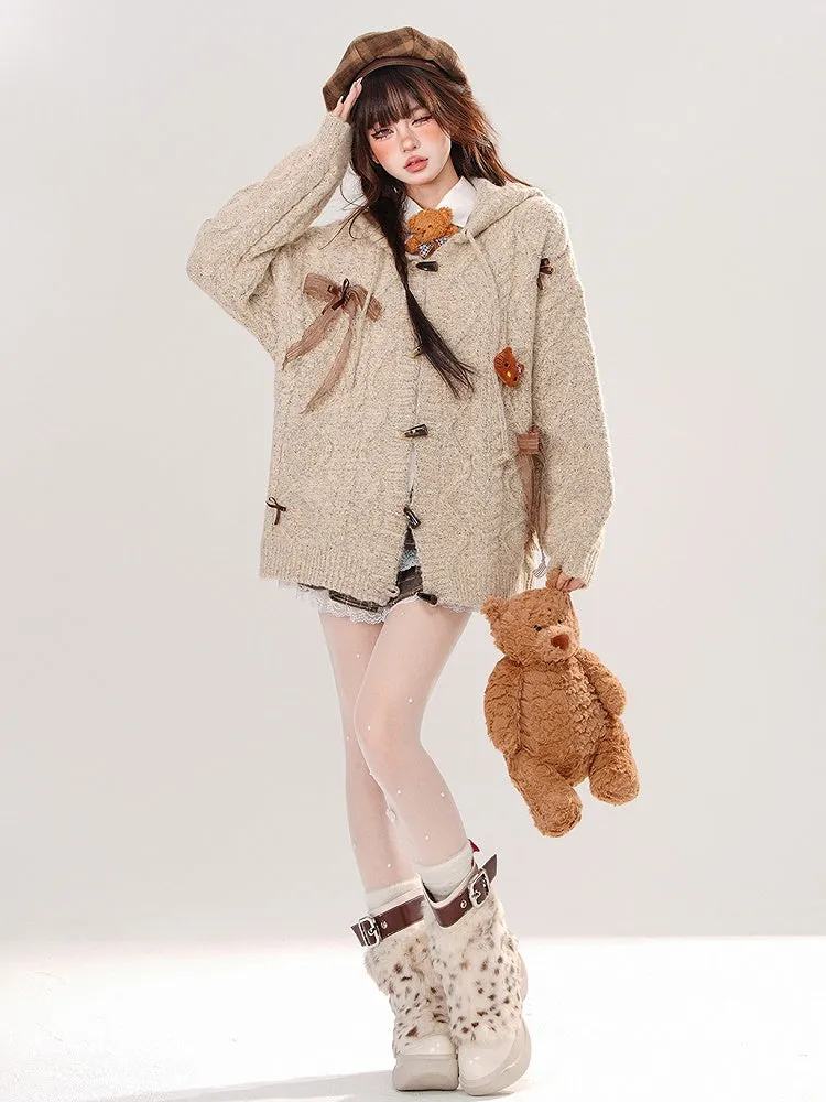Khaki Bow Accents Hooded Loose Cardigan