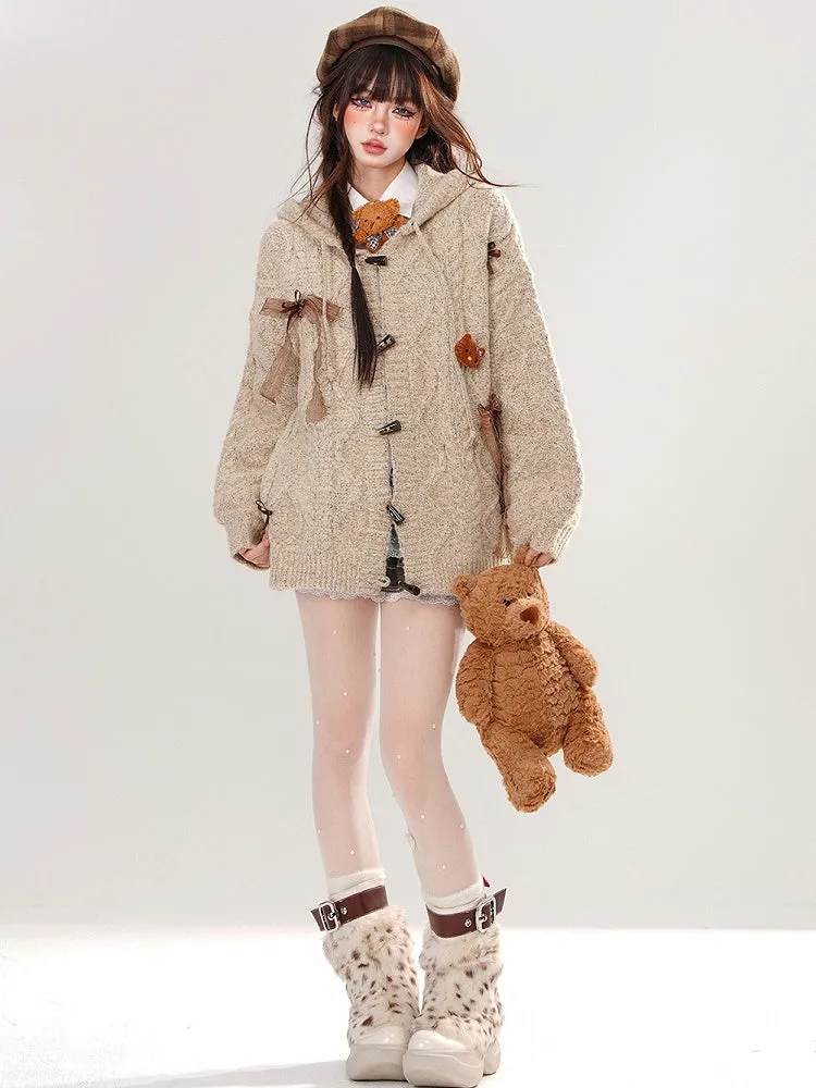 Khaki Bow Accents Hooded Loose Cardigan