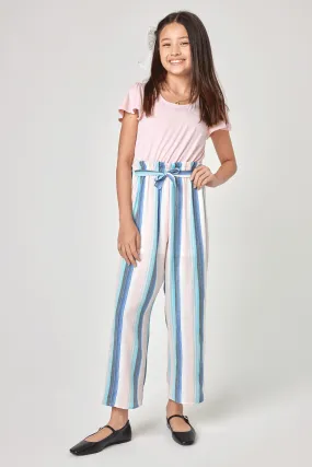 Kids Blush Multicolor Stripe Paperbag Waist Jumpsuit