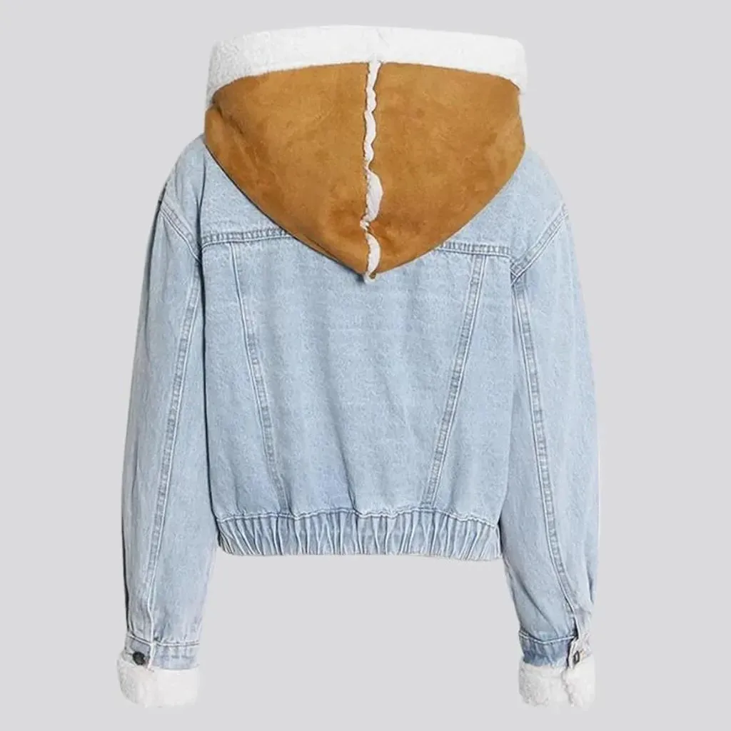 Light-wash hooded denim jacket for women