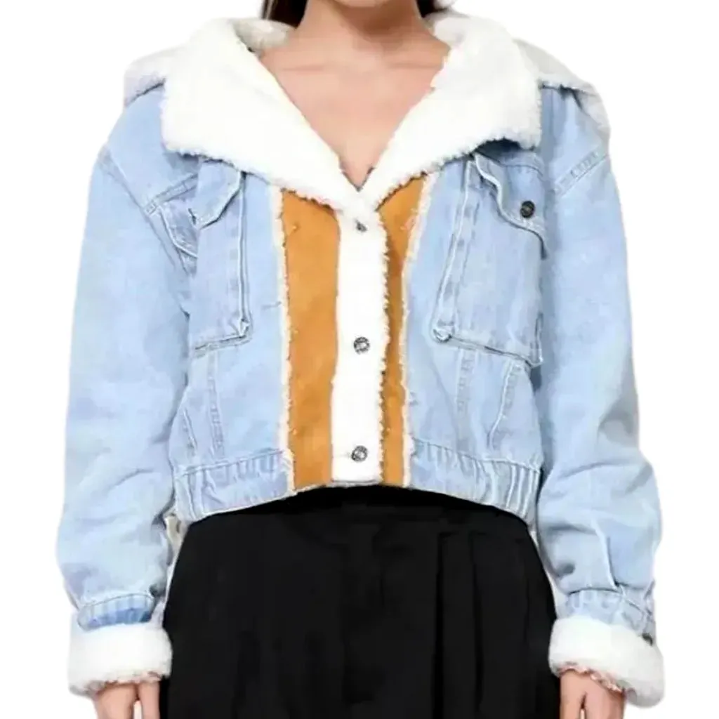 Light-wash hooded denim jacket for women