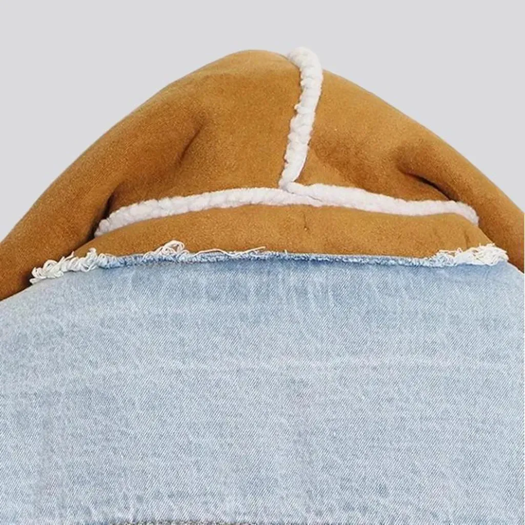 Light-wash hooded denim jacket for women