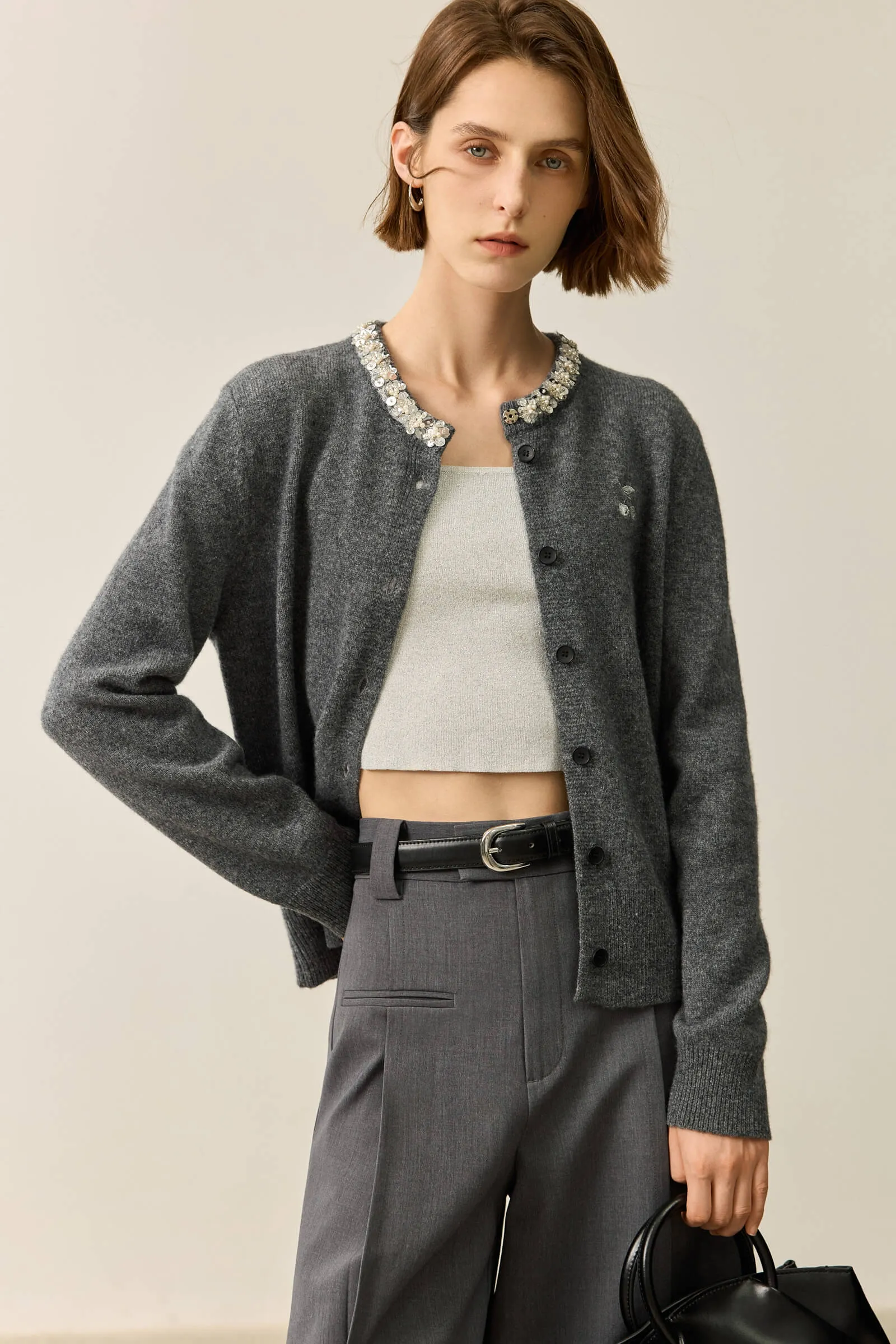 LILY Grey-Tone Wool Heavy Knit Cardigan