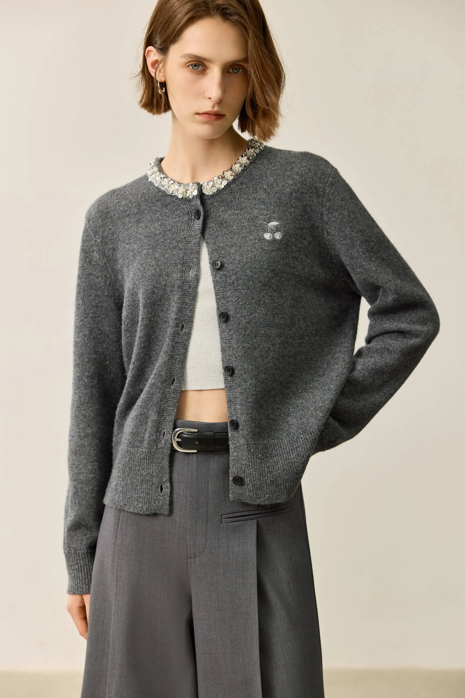 LILY Grey-Tone Wool Heavy Knit Cardigan