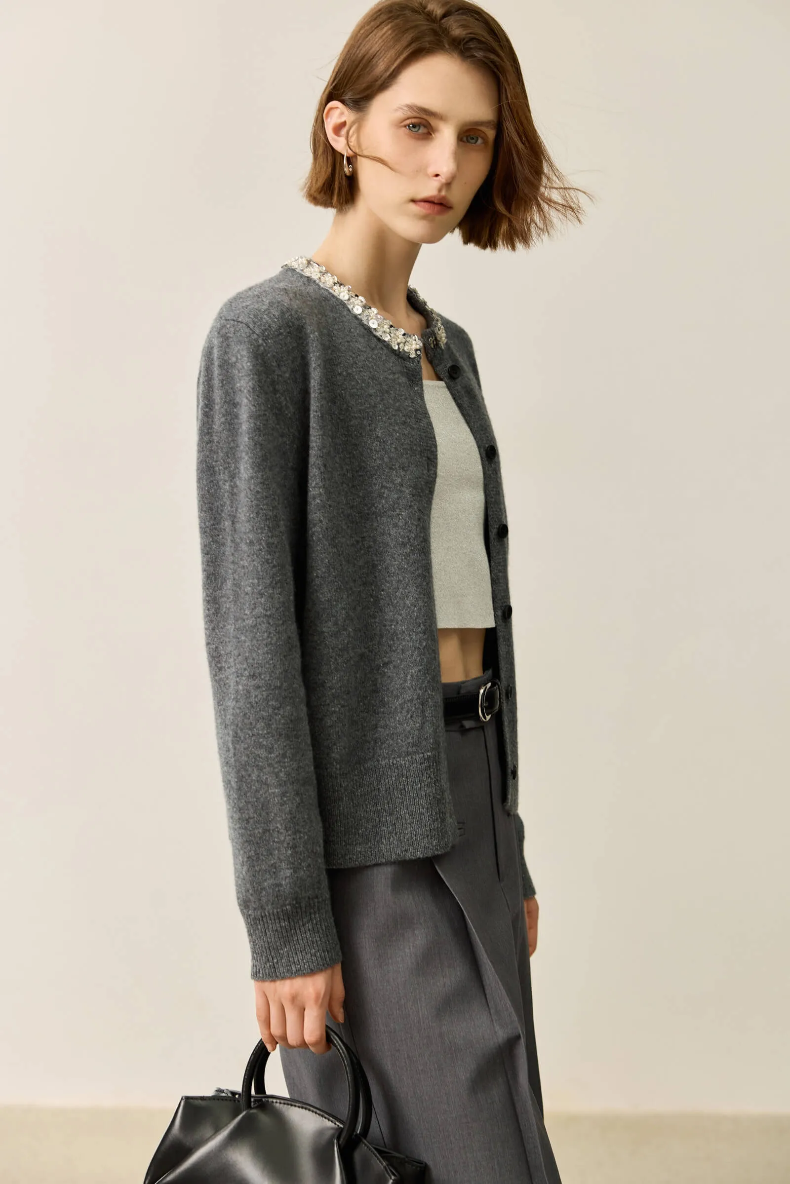 LILY Grey-Tone Wool Heavy Knit Cardigan