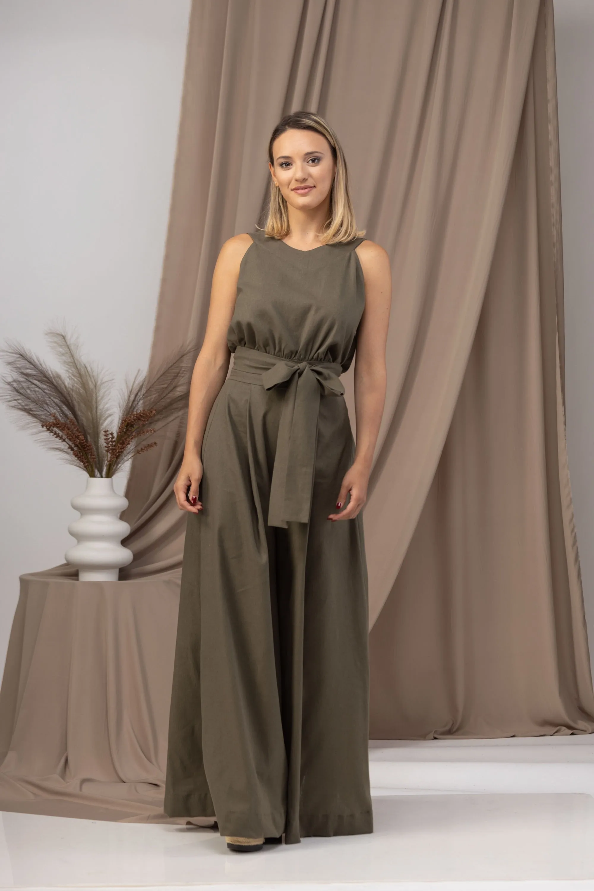 Linen Wide Leg Jumpsuit with Belt