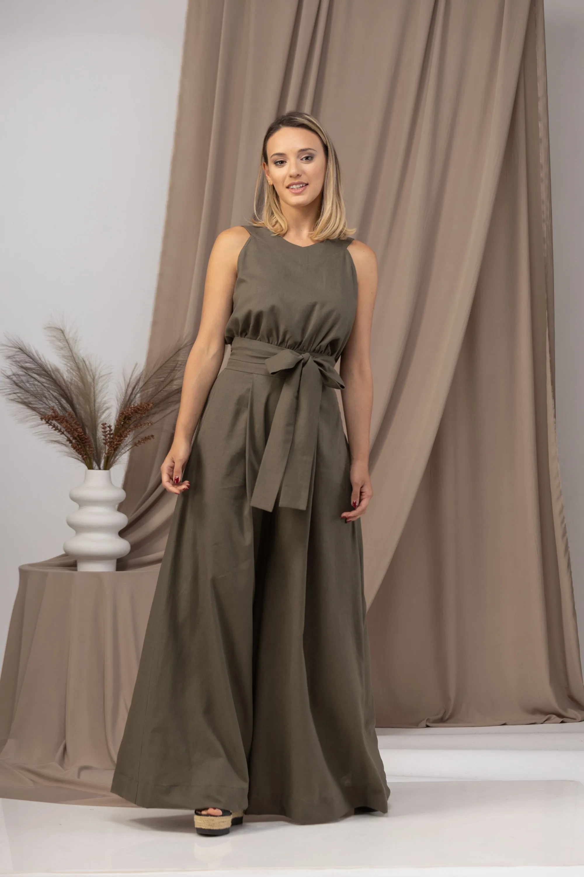 Linen Wide Leg Jumpsuit with Belt