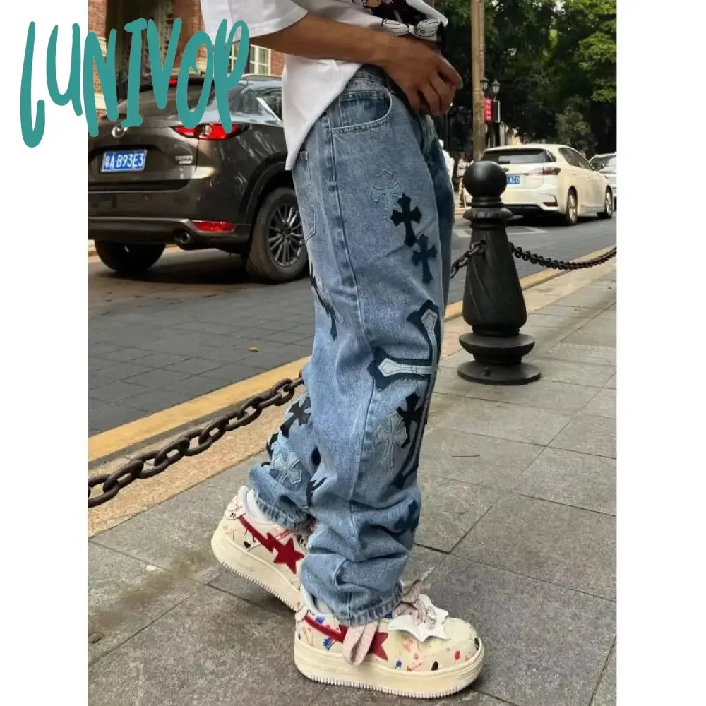 Lunivop 90s streetwear American High Street Original Patch Cross Embroidered Jeans Men's and Women's National Fashion All-Match Slim Slimming Long Pants Fashion